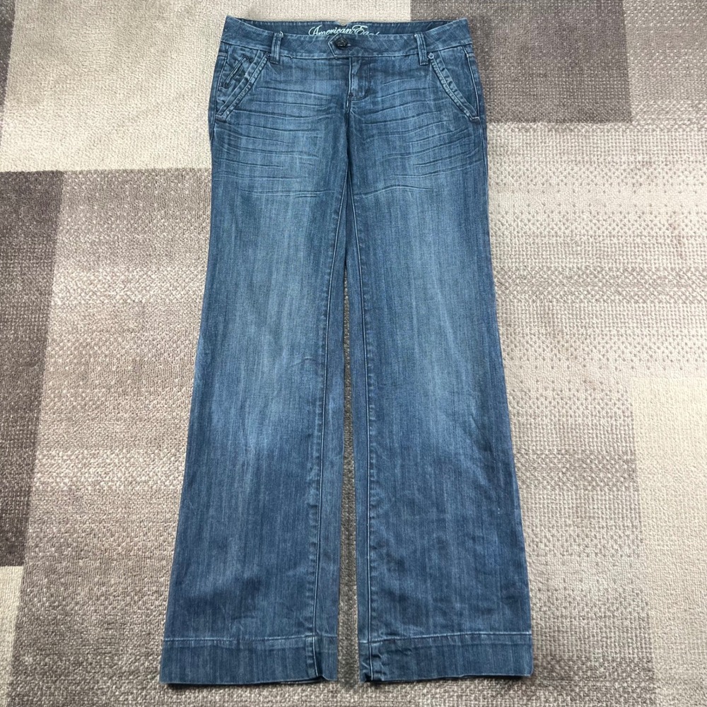 American Eagle Women 6 Long Blue Denim Wide Leg Trouser Jeans Whisker Wash Y2K
